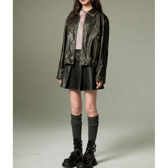 Womens Faux Leather Bomber Jacket with Bow Detail Stylish Fall Outerwear Coat - Picture 3 of 6